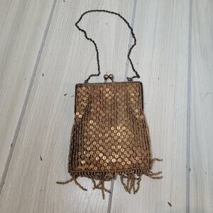 Vintage K.C. Malhan Beaded Sequined Handbag Gold Evening Bag Hand Beaded Boho